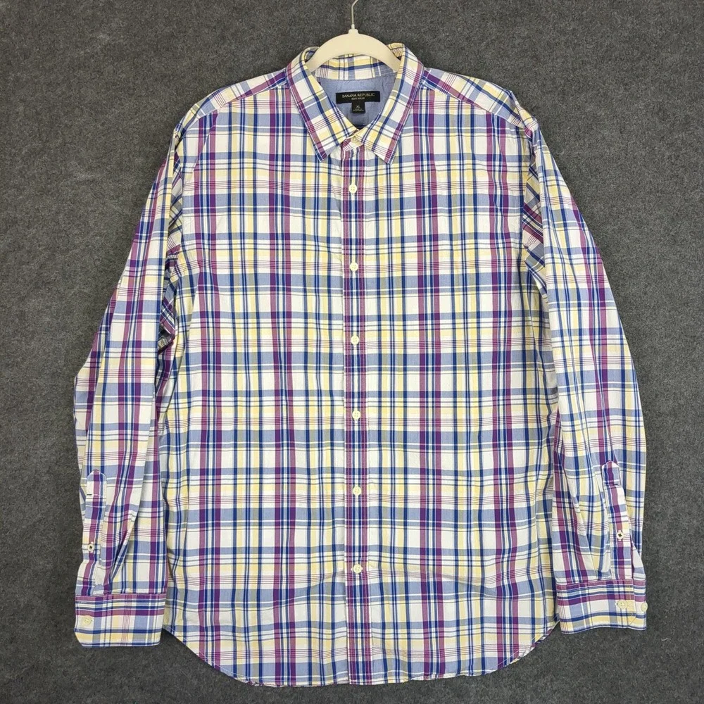 Banana Republic Soft Wash Mens XL Plaid Button‎ Down Shirt Blue Purple Yellow